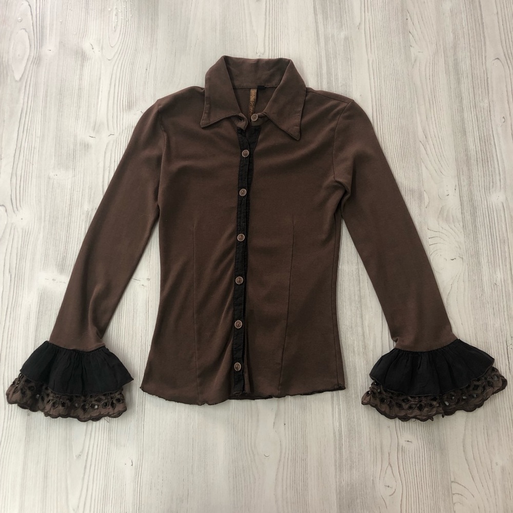 Language brown bell sleeve XS button up blouse B